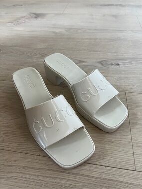 Gucci White Patent Logo Slide Mules